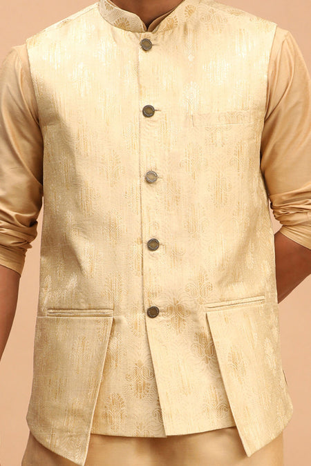 VASTRAMAY Baap Beta Jacquard Silk Double Flap Pocket Jacket Set